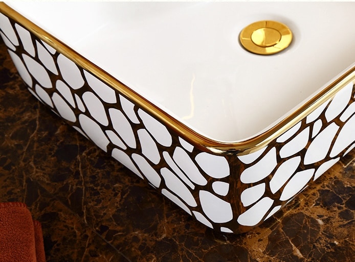 Seraphina Mosaic White And Gold Rectangular Basin  -  Gold Bathroom Basins / Sinks