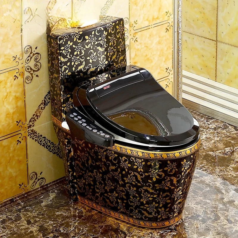 Modern Black and Gold Toilet With Smart Toilet Bidet Seat  -  Black Toilets