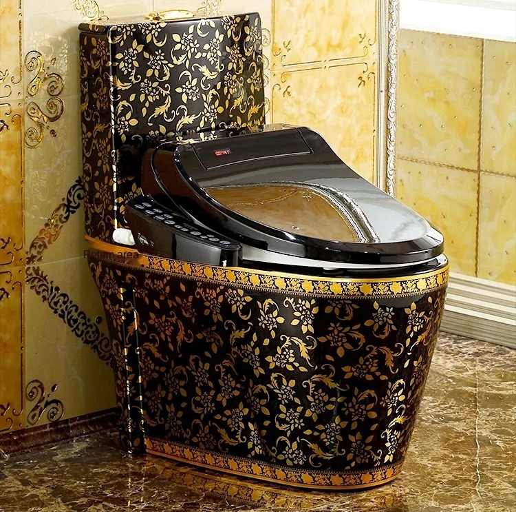 Modern Black and Gold Toilet With Smart Toilet Bidet Seat  -  Black Toilets