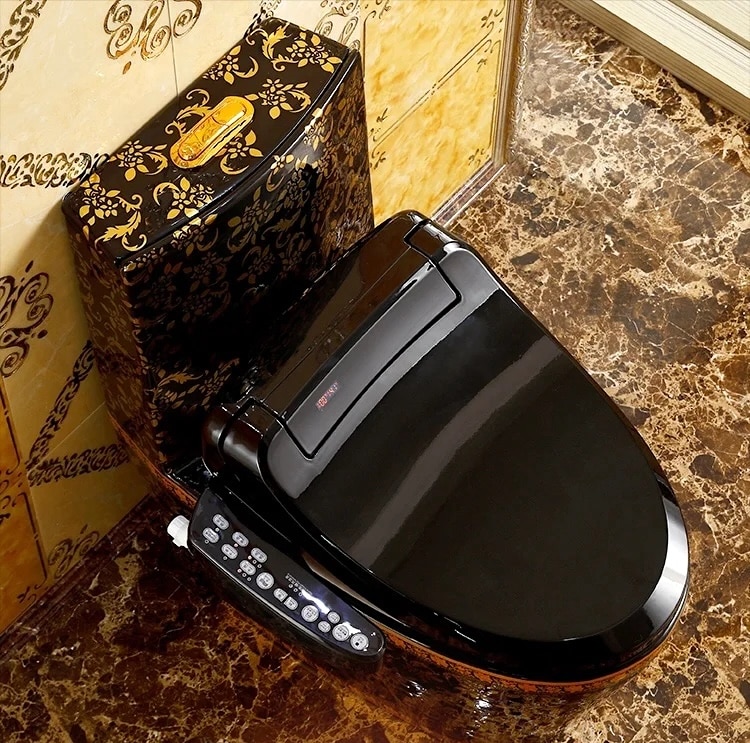 Modern Black and Gold Toilet With Smart Toilet Bidet Seat  -  Black Toilets