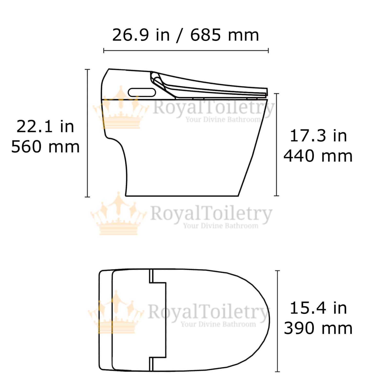 RoyaleClean Luxury Smart Toilet with Gold Accents measurements
