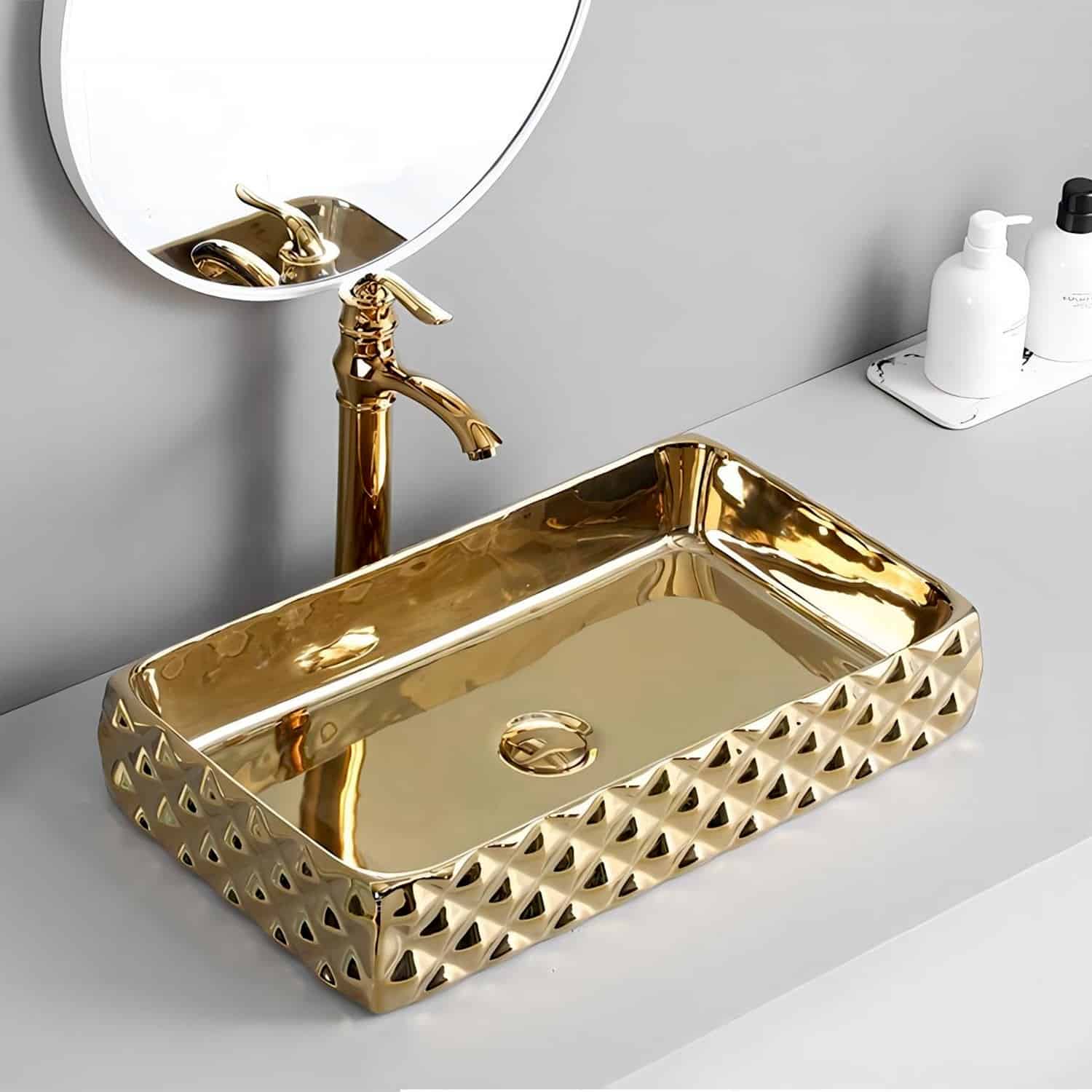 Luxury Plain Gold Bathroom Basin With Diamond Texture Design  -  Gold Bathroom Basins / Sinks