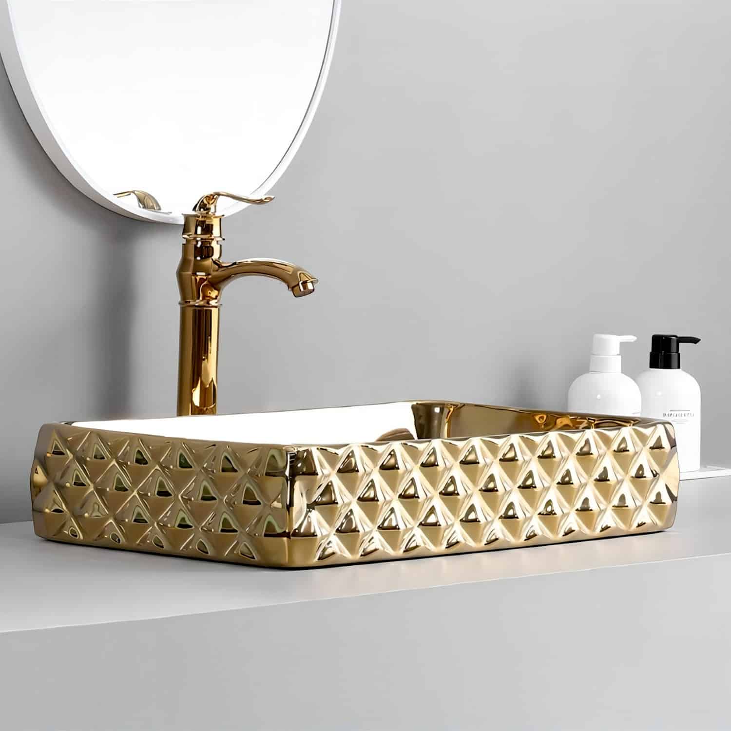 Luxury Plain Gold Bathroom Basin With Diamond Texture Design  -  Gold Bathroom Basins / Sinks