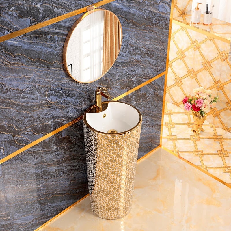 Modern Gold Pedestal Basin With Diamonds Pattern  -  Gold Bathroom Basins / Sinks