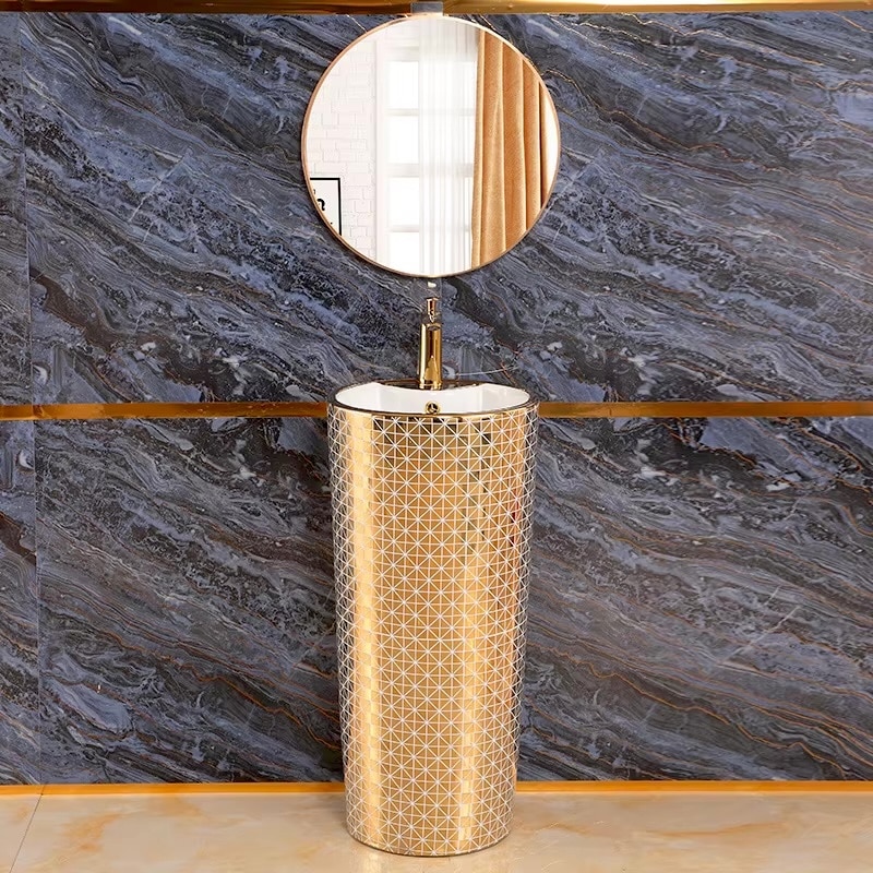 Modern Gold Pedestal Basin With Diamonds Pattern  -  Gold Bathroom Basins / Sinks