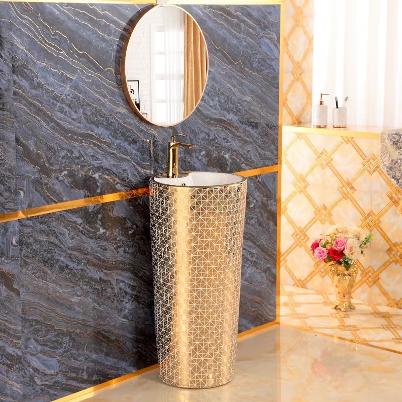 Modern Gold Pedestal Basin With Diamonds Pattern  -  Gold Bathroom Basins / Sinks