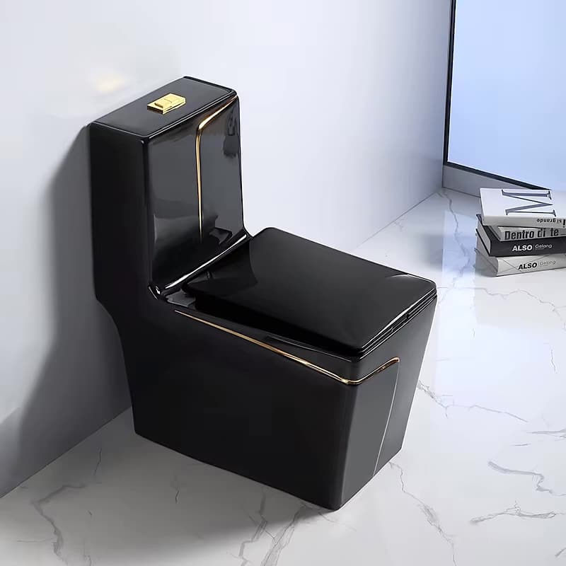 Angular Black Toilet With An Elegant Gold Stripe  -  Black Toilets