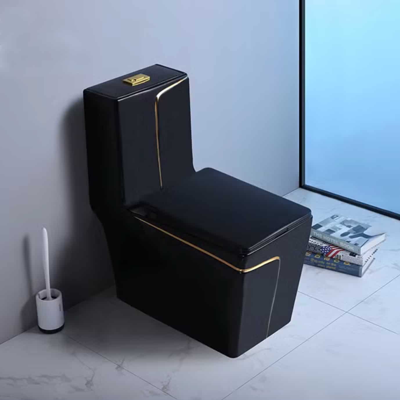 Angular Black Toilet With An Elegant Gold Stripe  -  Black Toilets