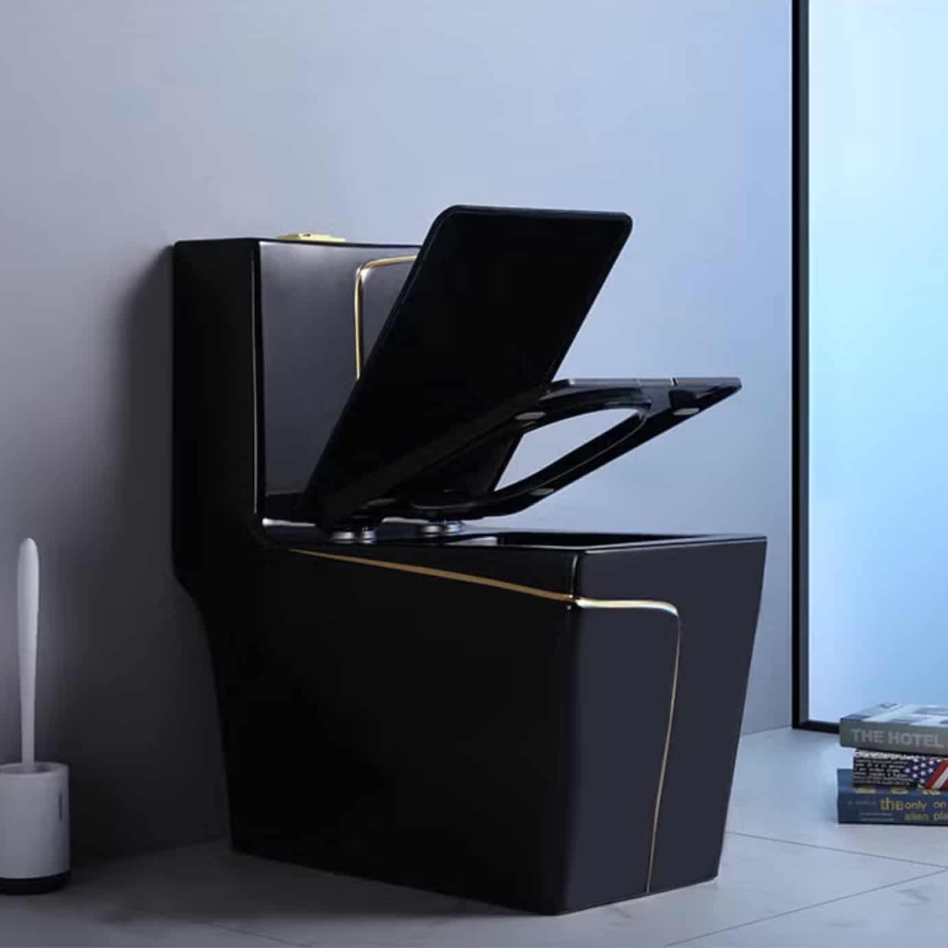 Angular Black Toilet With An Elegant Gold Stripe  -  Black Toilets