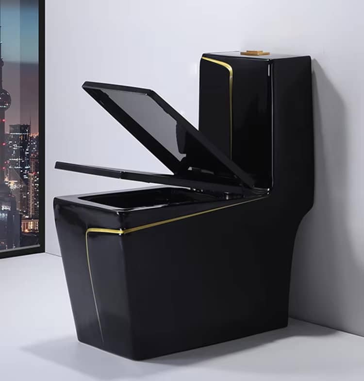 Angular Black Toilet With An Elegant Gold Stripe  -  Black Toilets