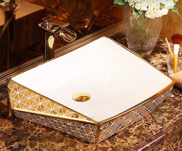 Angular Diamond Gold Bathroom Countertop Basin  -  Gold Bathroom Basins / Sinks