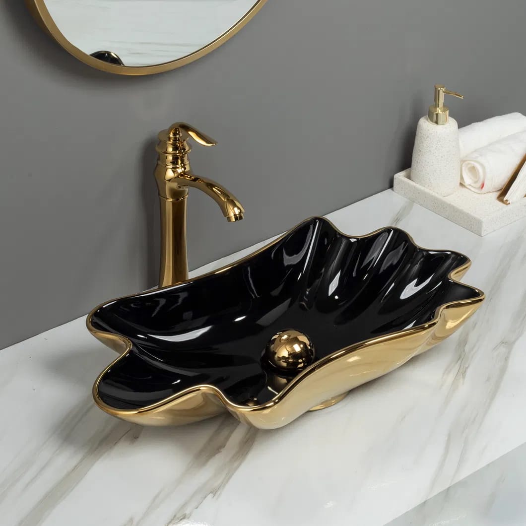 Black & Gold Seashell Bathroom Basin with Pearl Drain  -  Gold Bathroom Basins / Sinks