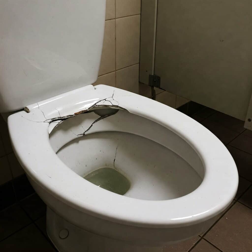 Cracked toilet in public restroom