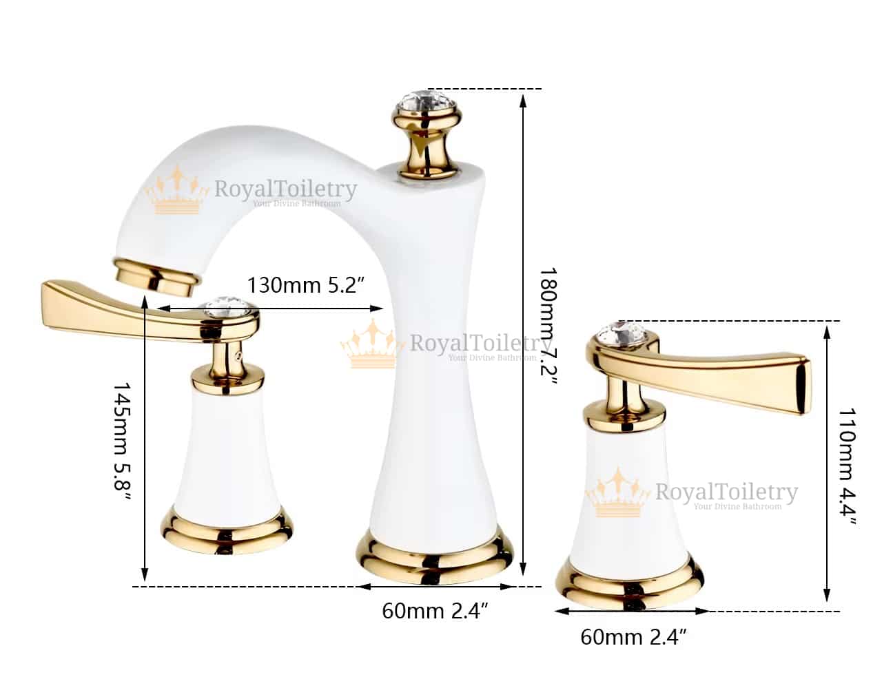 Deluxe White and Gold 2-Handle Bathroom Faucet With Crystals Measurements