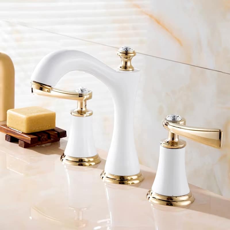 Deluxe White and Gold 2-Handle Bathroom Faucet With Crystals  -  Gold Water Taps & Faucets