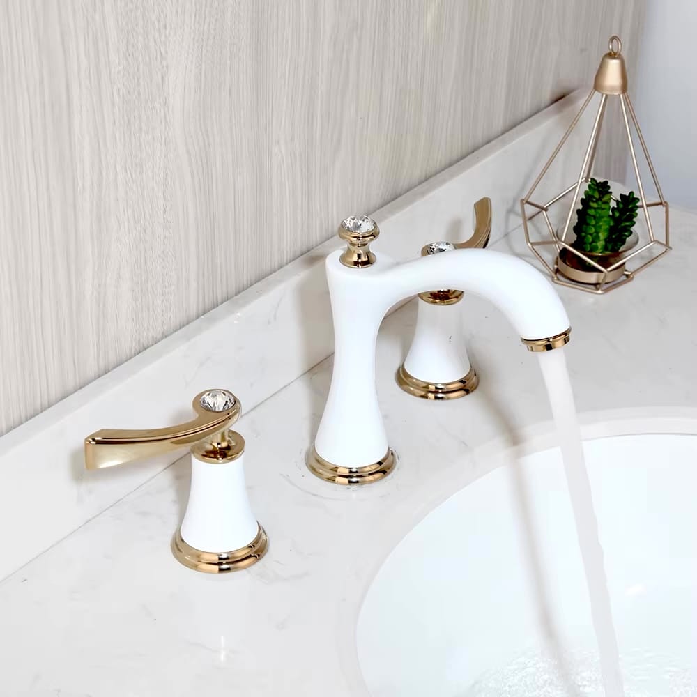 Deluxe White and Gold 2-Handle Bathroom Faucet With Crystals  -  Gold Water Taps & Faucets