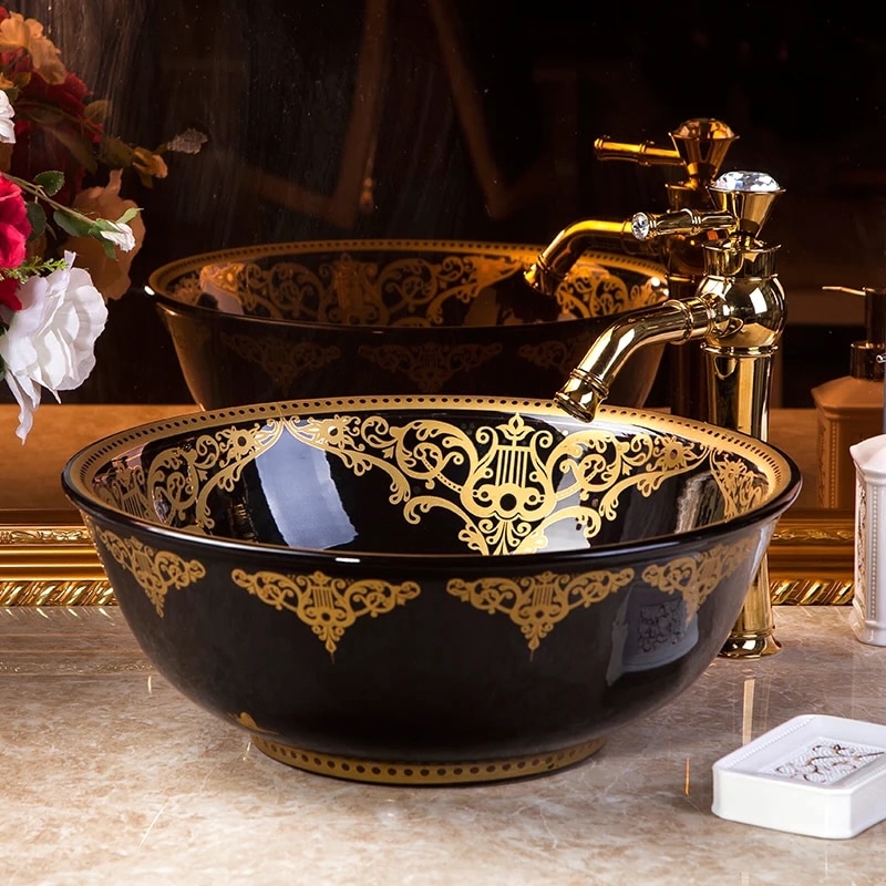 Elegant Black Bathroom Basin With Gold Ornaments  -  Gold Bathroom Basins / Sinks