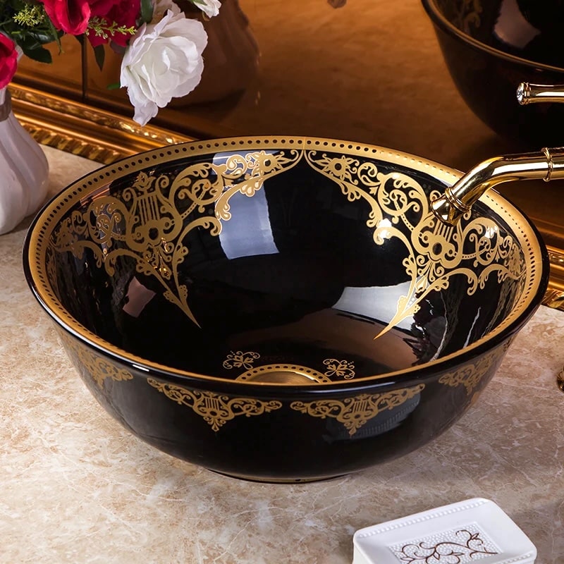 Elegant Black Bathroom Basin With Gold Ornaments  -  Gold Bathroom Basins / Sinks