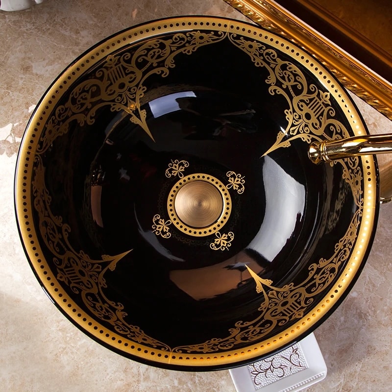Elegant Black Bathroom Basin With Gold Ornaments  -  Gold Bathroom Basins / Sinks