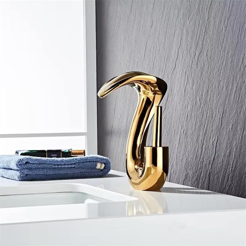 Gold Cobra Shaped Waterfall Bathroom Sink Faucet  -  Gold Water Taps & Faucets
