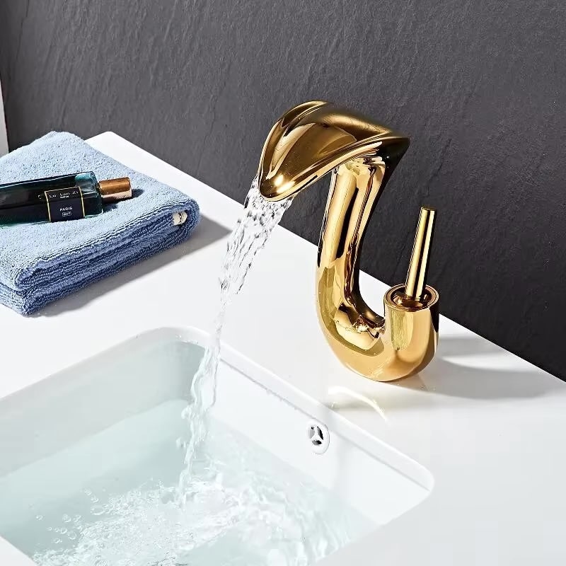 Gold Cobra Shaped Waterfall Bathroom Sink Faucet  -  Gold Water Taps & Faucets