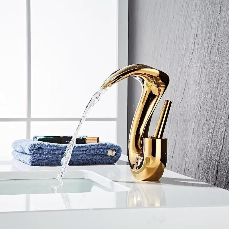 Gold Cobra Shaped Waterfall Bathroom Sink Faucet  -  Gold Water Taps & Faucets