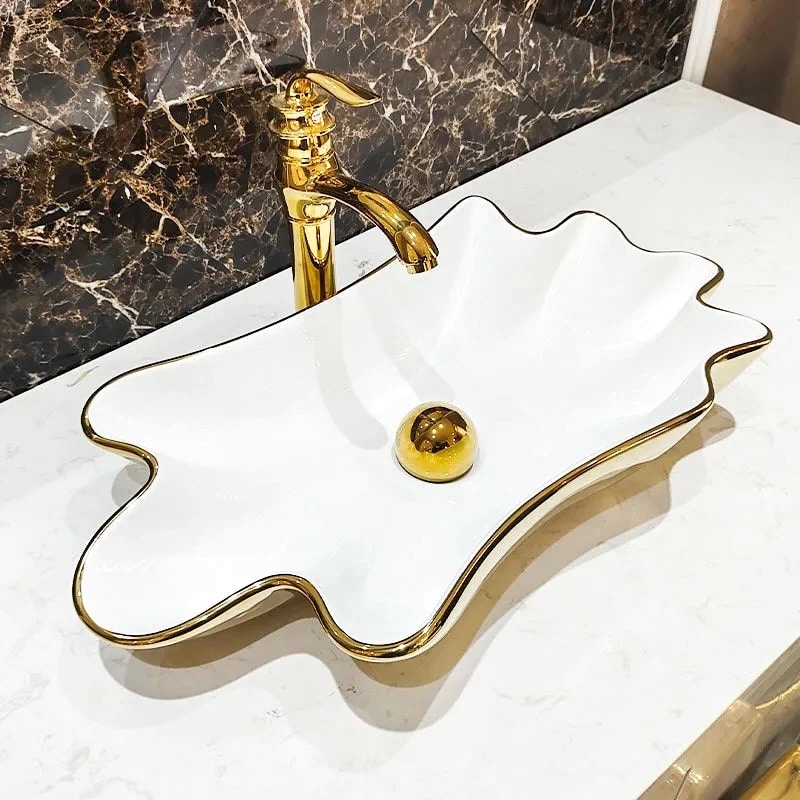 White & Gold Seashell Bathroom Basin with Pearl Drain  -  Gold Bathroom Basins / Sinks