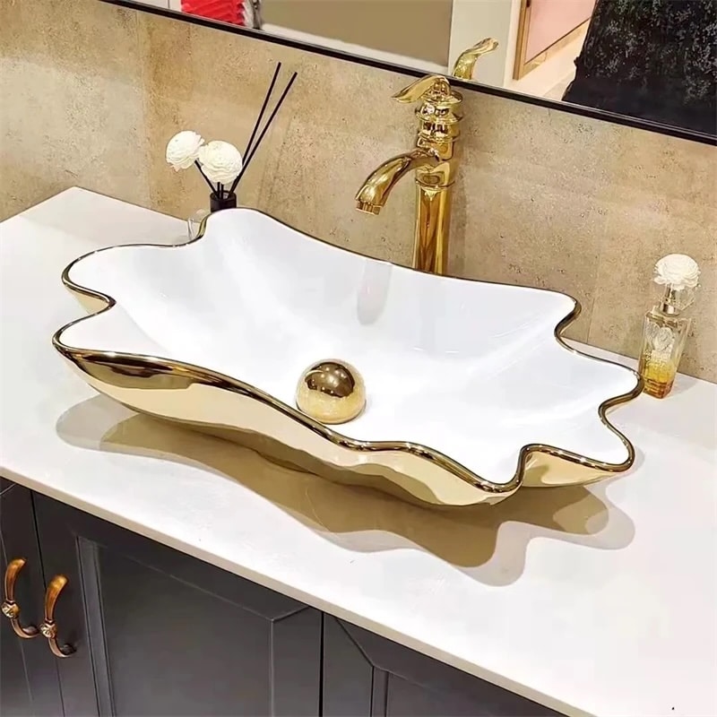 White & Gold Seashell Bathroom Basin with Pearl Drain  -  Gold Bathroom Basins / Sinks