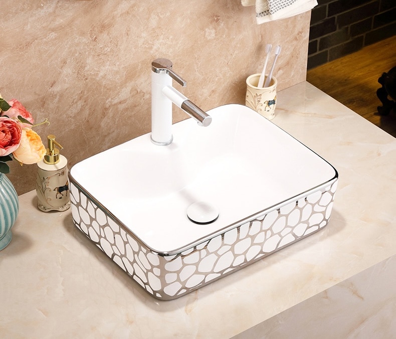 Seraphina Mosaic White And Silver Rectangular Basin  -  Silver Bathroom Basins / Sinks