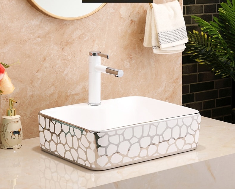 Seraphina Mosaic White And Silver Rectangular Basin  -  Silver Bathroom Basins / Sinks