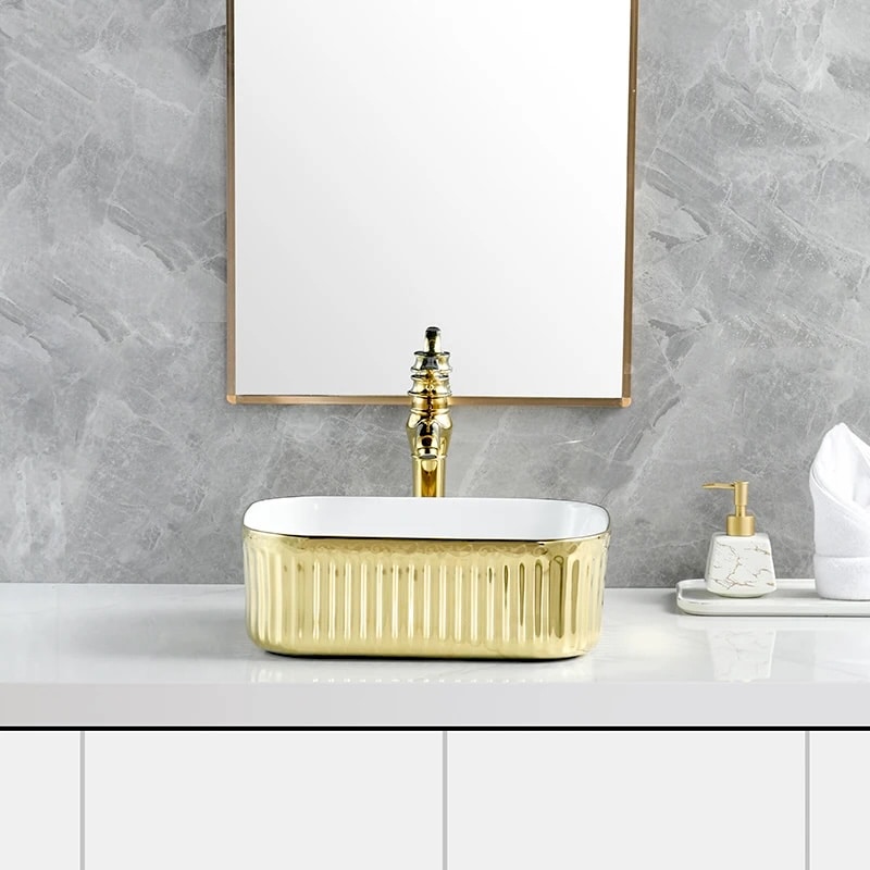 Luxury Full Gold Rectangular Ceramic Countertop Basin  -  Gold Bathroom Basins / Sinks