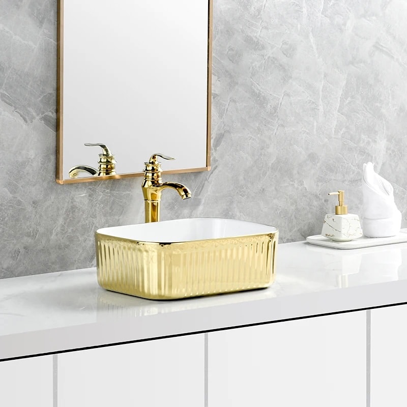 Luxury Full Gold Rectangular Ceramic Countertop Basin  -  Gold Bathroom Basins / Sinks