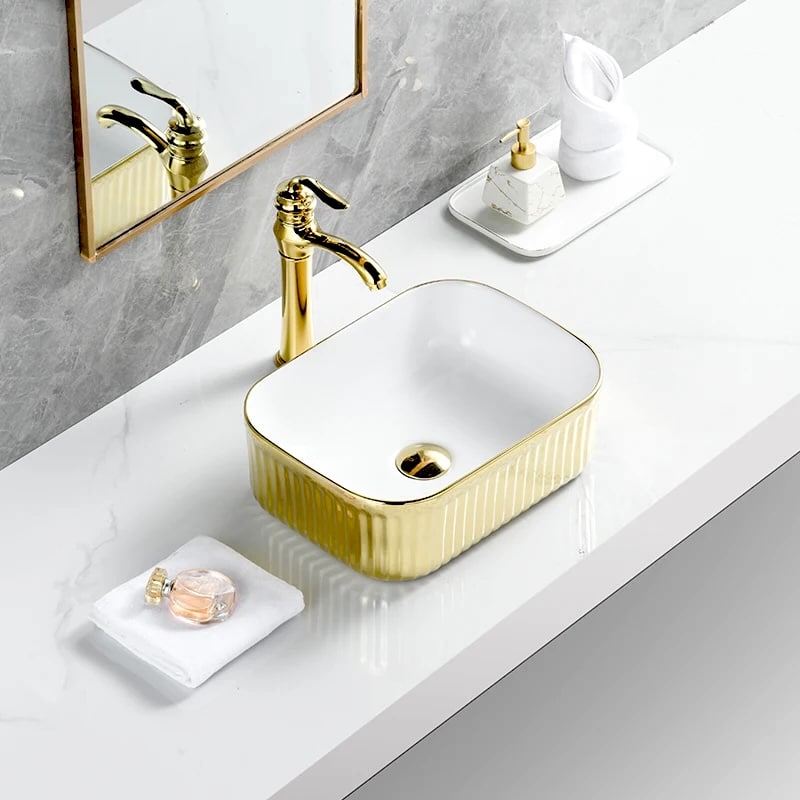 Luxury Full Gold Rectangular Ceramic Countertop Basin  -  Gold Bathroom Basins / Sinks