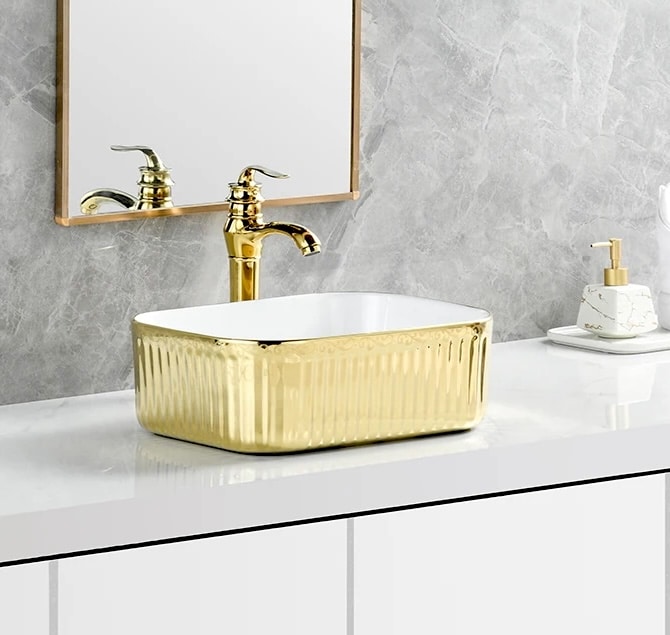 Luxury Full Gold Rectangular Ceramic Countertop Basin  -  Gold Bathroom Basins / Sinks