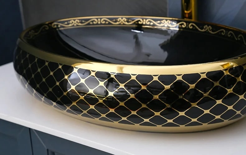 Black & Gold Bathroom Basin with Luxury Mesh Pattern  -  Gold Bathroom Countertop Basins / Sinks
