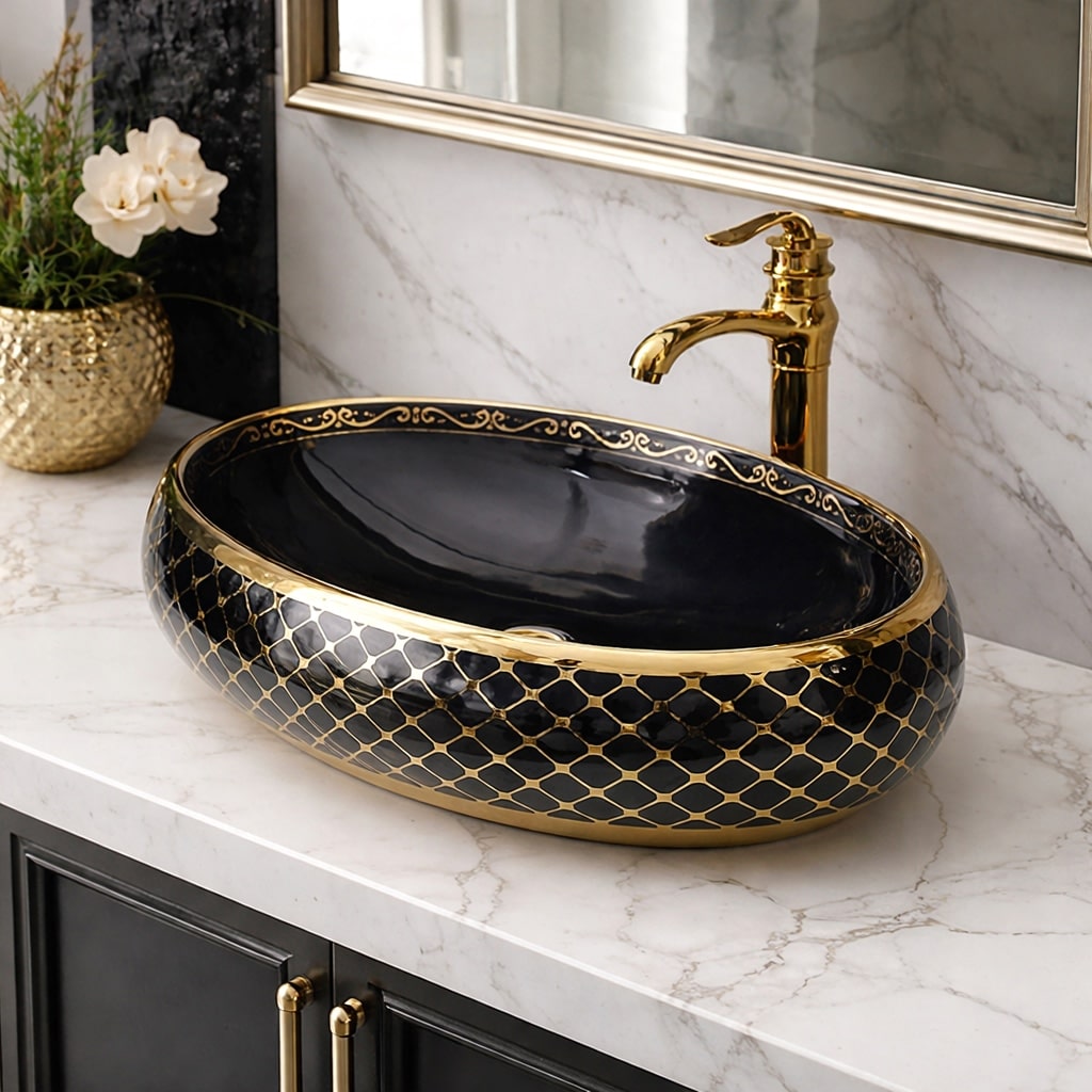 Black & Gold Bathroom Basin with Luxury Mesh Pattern  -  Gold Bathroom Countertop Basins / Sinks