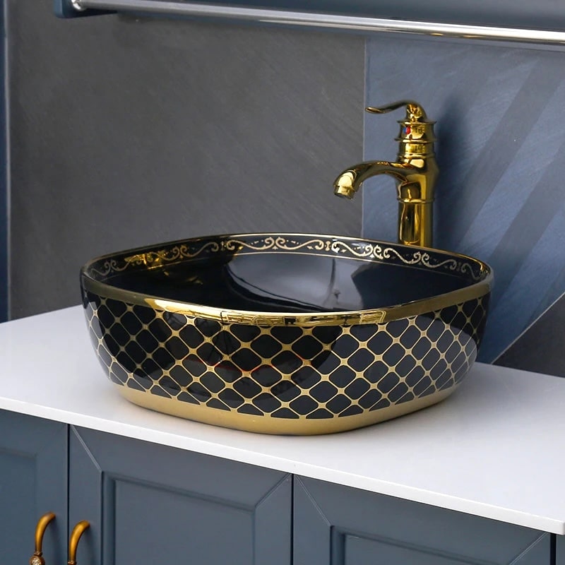 Black & Gold Rounded Rectangle Bathroom Basin with Luxury Mesh Pattern  -  Gold Bathroom Countertop Basins / Sinks