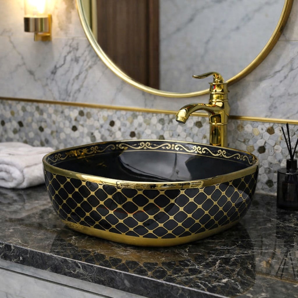 Black & Gold Rounded Rectangle Bathroom Basin with Luxury Mesh Pattern  -  Gold Bathroom Countertop Basins / Sinks