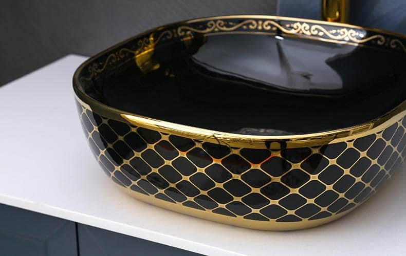 Black & Gold Rounded Rectangle Bathroom Basin with Luxury Mesh Pattern  -  Gold Bathroom Countertop Basins / Sinks