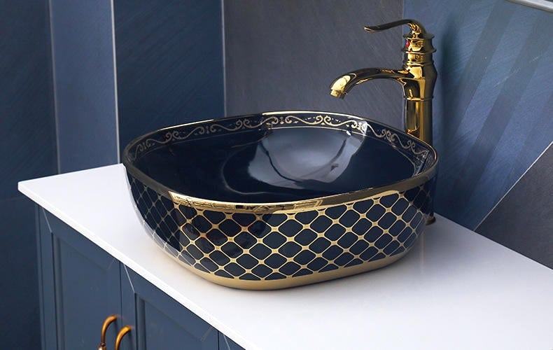 Black & Gold Rounded Rectangle Bathroom Basin with Luxury Mesh Pattern  -  Gold Bathroom Countertop Basins / Sinks
