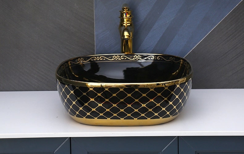 Black & Gold Rounded Rectangle Bathroom Basin with Luxury Mesh Pattern  -  Gold Bathroom Countertop Basins / Sinks
