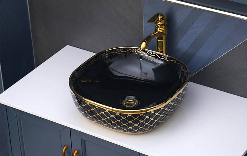 Black & Gold Rounded Rectangle Bathroom Basin with Luxury Mesh Pattern  -  Gold Bathroom Countertop Basins / Sinks