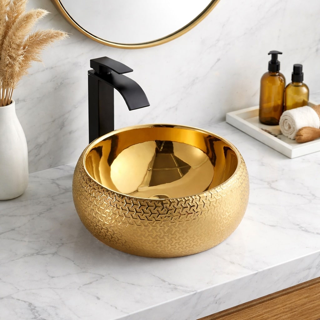 Gold Plated Designer Countertop Basin With Textured Pattern  -  Gold Bathroom Countertop Basins / Sinks