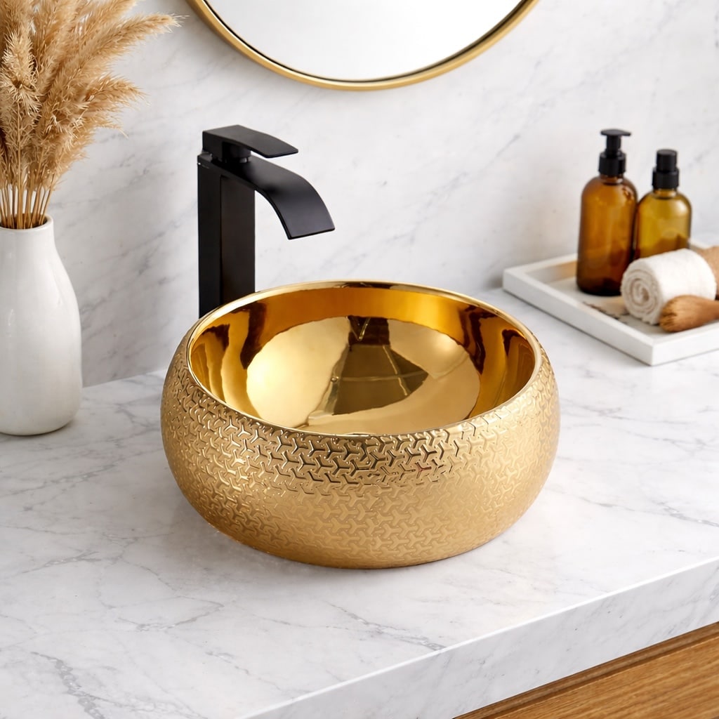 Gold Plated Designer Countertop Basin With Textured Pattern  -  Gold Bathroom Countertop Basins / Sinks