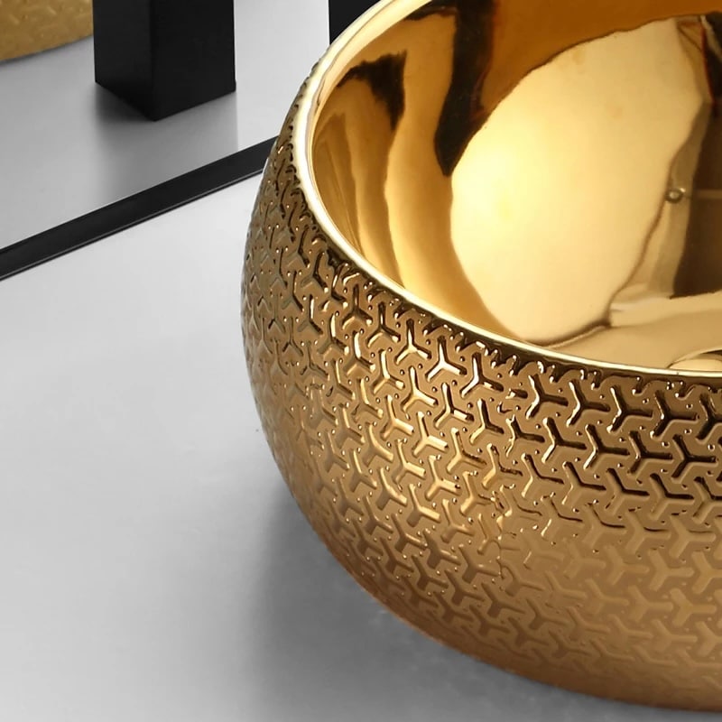 Gold Plated Designer Countertop Basin With Textured Pattern  -  Gold Bathroom Countertop Basins / Sinks