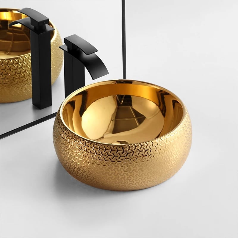 Gold Plated Designer Countertop Basin With Textured Pattern  -  Gold Bathroom Countertop Basins / Sinks