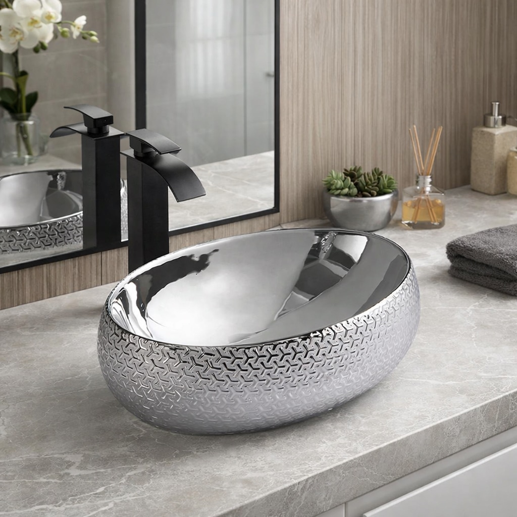 Silver Plated Textured Countertop Bathroom Basin  -  Silver Bathroom Basins / Sinks