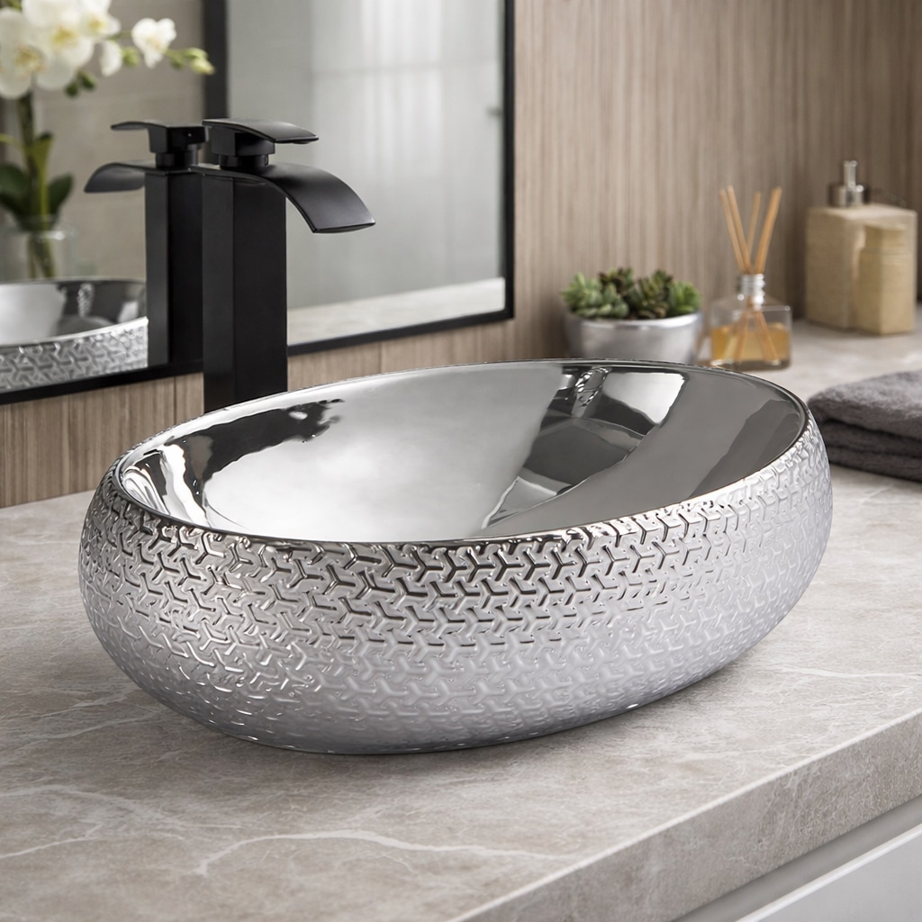 Silver Plated Textured Countertop Bathroom Basin  -  Silver Bathroom Basins / Sinks