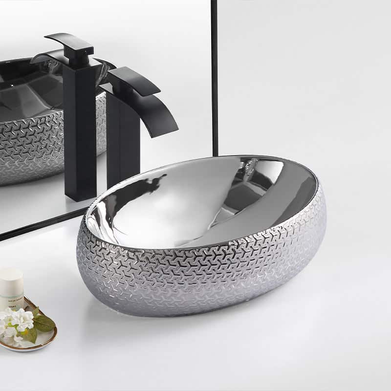 Silver Plated Textured Countertop Bathroom Basin  -  Silver Bathroom Basins / Sinks